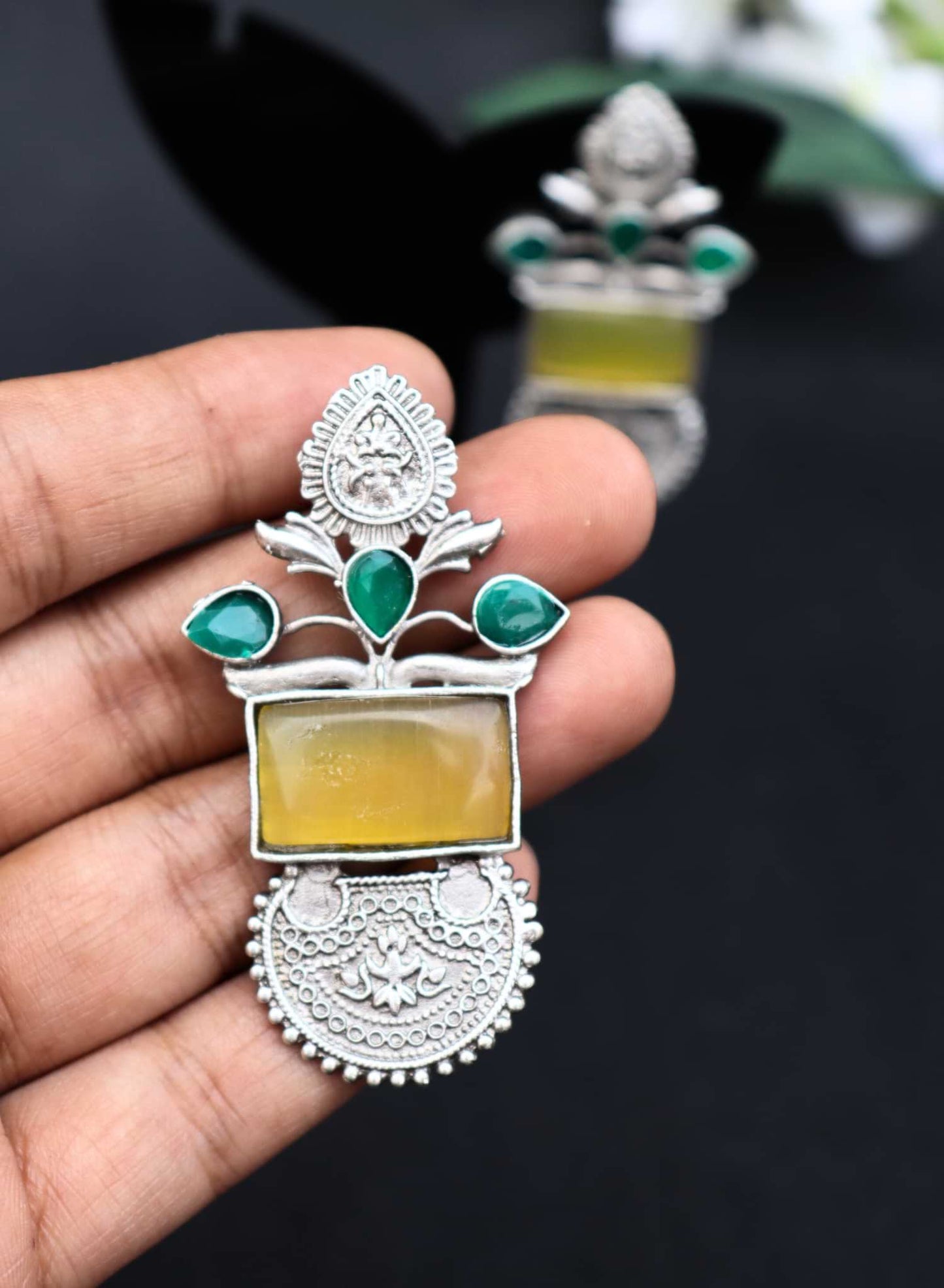Handcrafted Silver Look Earrings with Yellow Green Monalisa Stone.