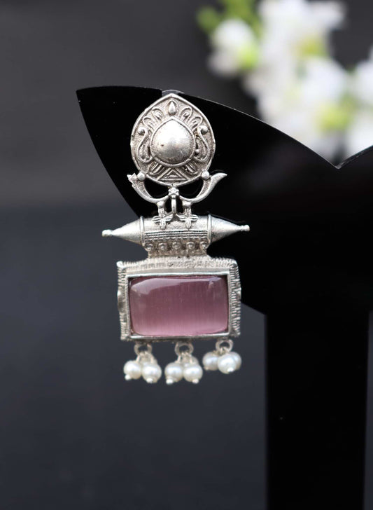 Bansuri Brass Oxidised Silver with Light Pink Monalisa Stone