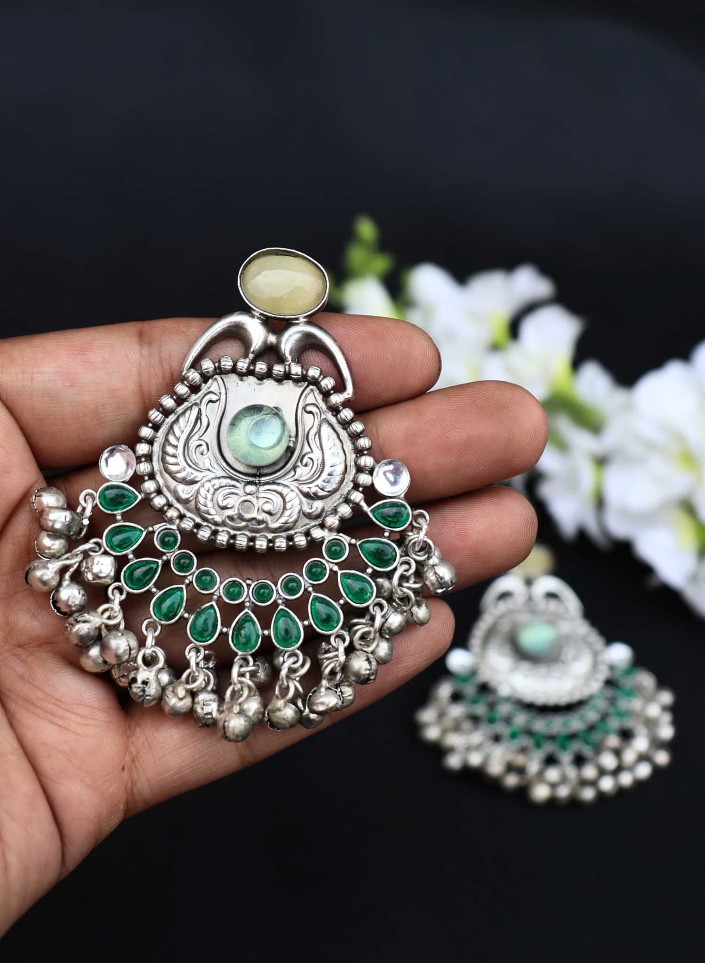 Silver Replica Oxidised Jambo Jhumka With Monalisa Stones