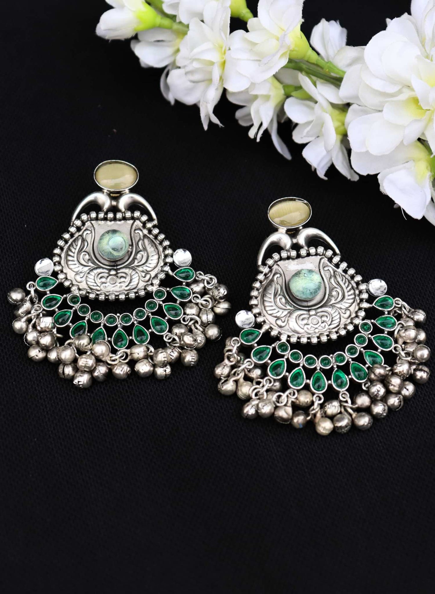 Silver Replica Oxidised Jambo Jhumka With Monalisa Stones