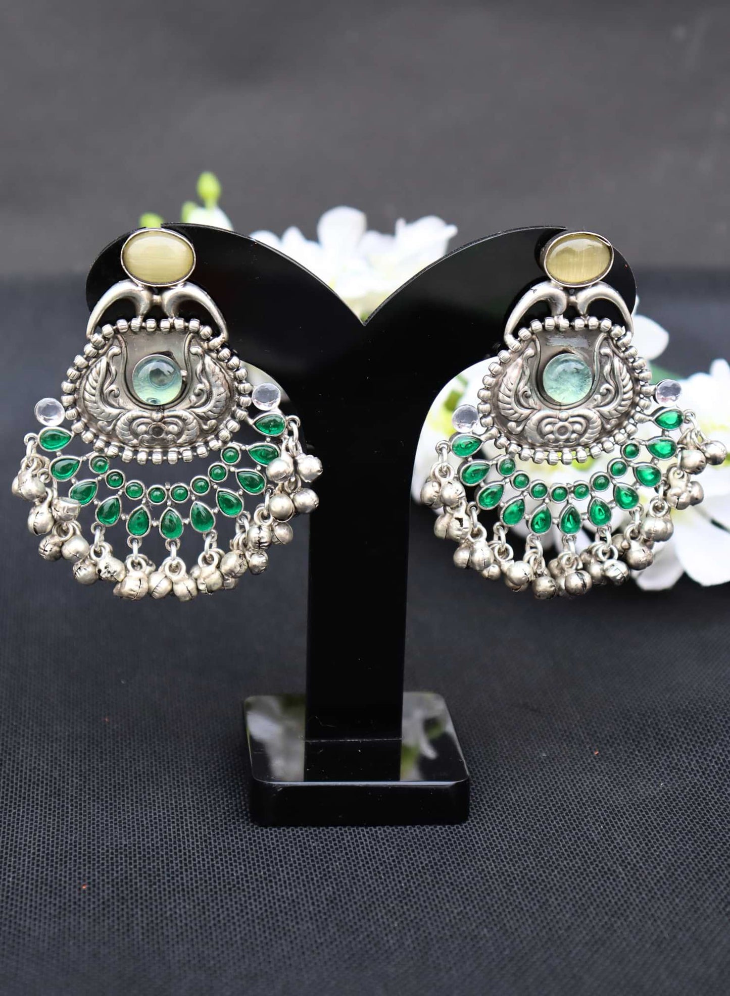 Silver Replica Oxidised Jambo Jhumka With Monalisa Stones
