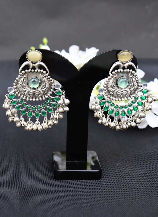 Silver Replica Oxidised Jambo Jhumka With Monalisa Stones